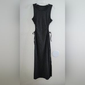 YOZY Gray Black Striped Ribbed Sleeveless Maxi Dress Ruched Sides L NWT